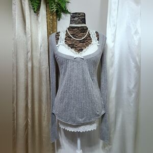 ♡ Y2K ♡ Abercrombie Grey Rabbit Hair Moose Logo Babydoll Sweater